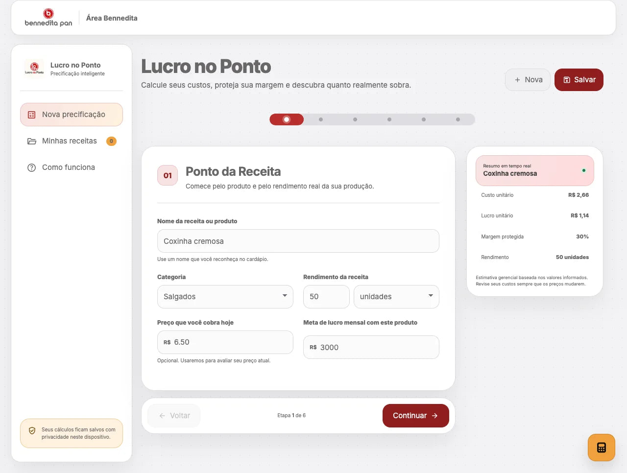 Tela da etapa Ponto da Receita no Lucro no Ponto