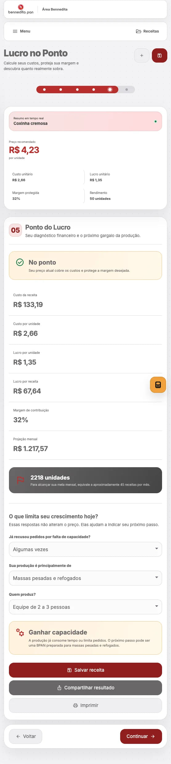 Resultado de uma simulação de coxinha no Lucro no Ponto com preço, custos, lucro, margem e meta mensal